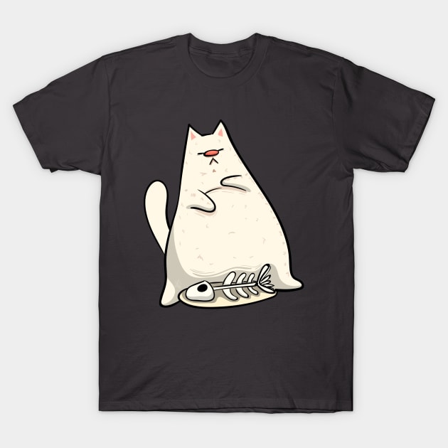 White Lazy Cat Design T-Shirt by KPrimeArt